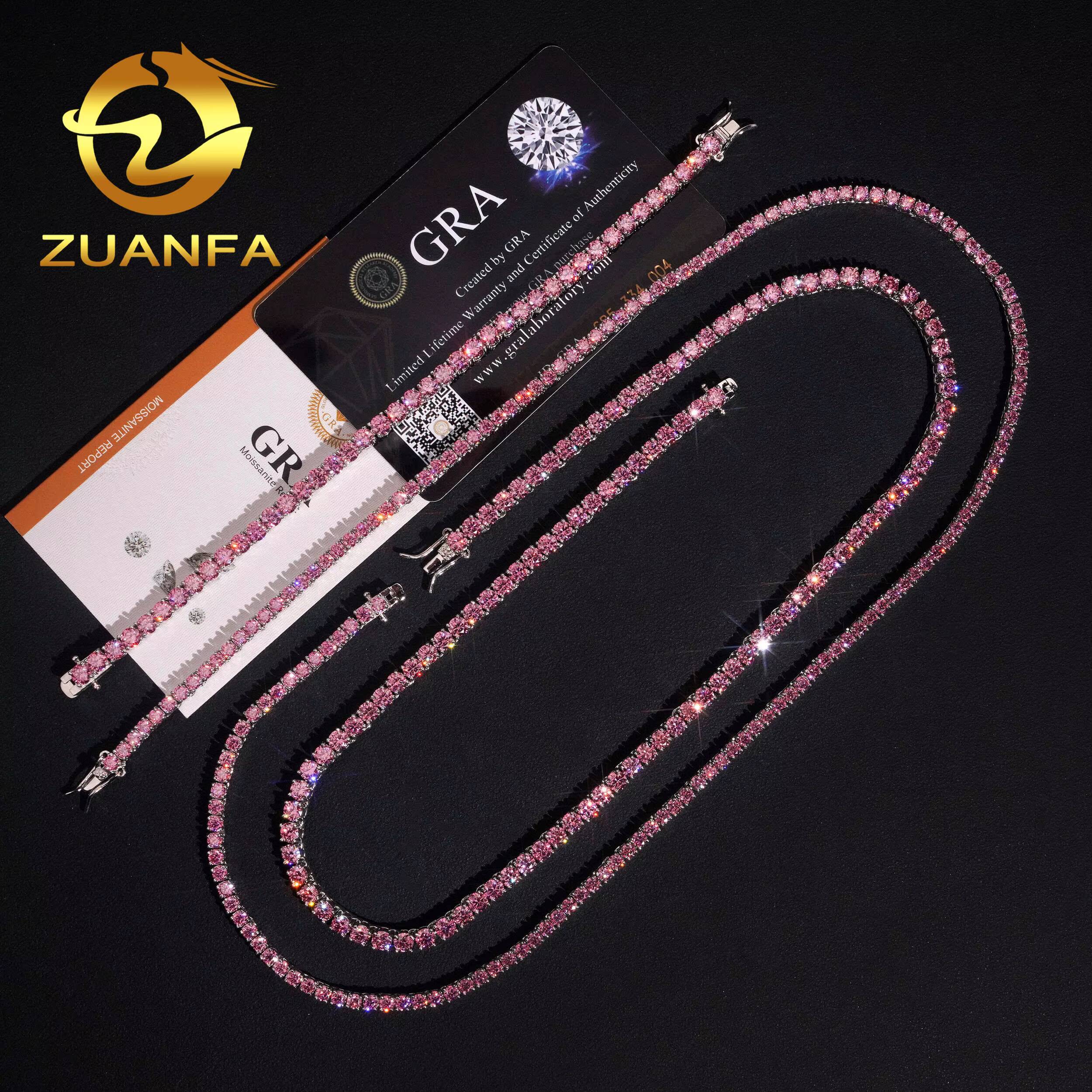 New Stocks Drop Shipping Hip Hop Jewelry Men Necklace Solid 925 Sterling Silver 3MM 4MM Pink Moissanite Diamond Tennis Chain