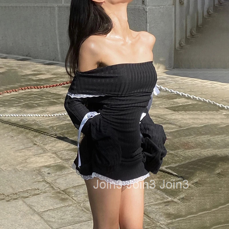 Strapless Sexy Black Dress Women Spring Off Shoulder Long Sleeves Lace Knitting Bandage Mini Dresses Slim Elegant Lady Clothing