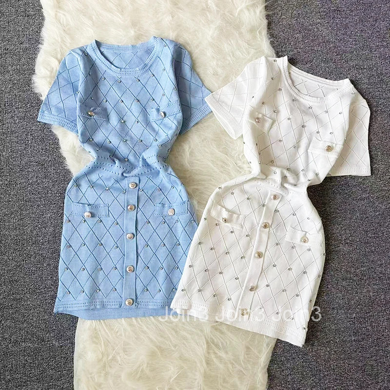 Summer Beading Summer Womens Knitting Sheath Short Sleeve Dress Female Bodycon Knitted Solid Mini Dresses For Woman Outfits