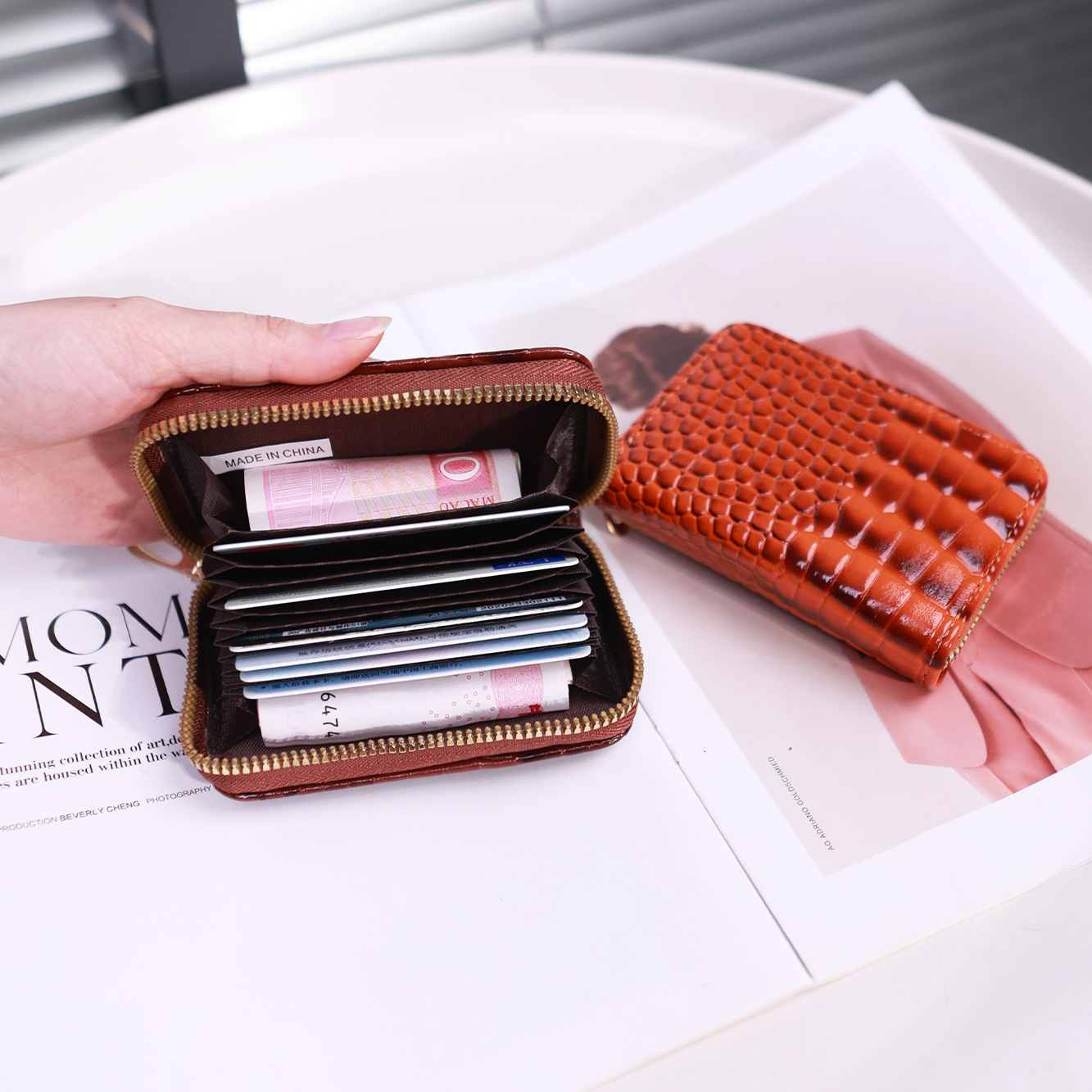 New Holder Women, Crocodile Pattern Solid Color Accordion Holder, Simple Multi-Card Slot Card Case, Zipper Coin Purse for Women