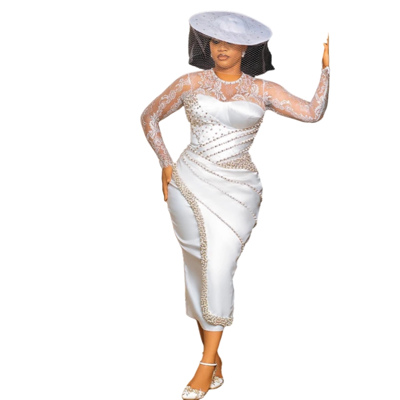 Tea Length Sheath Satin Elegant Prom Dresses Pearls Beading Long Sleeves White Evening Gown For Women 2025 Aso Ebi African Reception Dress Formal Occa