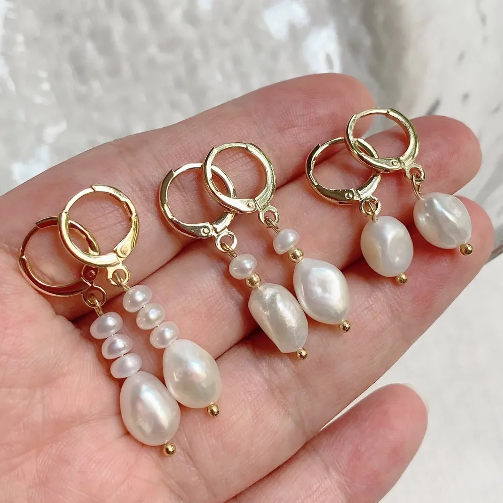 Gold Color Natural Freshwater Pearl Drop Earrings Irregular Baroque Pearl Tassel Pendulum Charm Small Loop Huggie Pearl Earring 250805