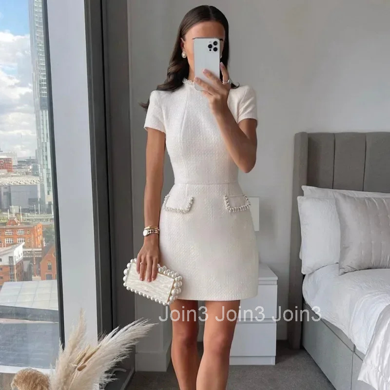 Talenza Womens Elegant Tweed A-Line Dress Solid Slim Fit Y2k Short Sleeve Dress Retro O-Neck Patchwork Luxury Evening Dress