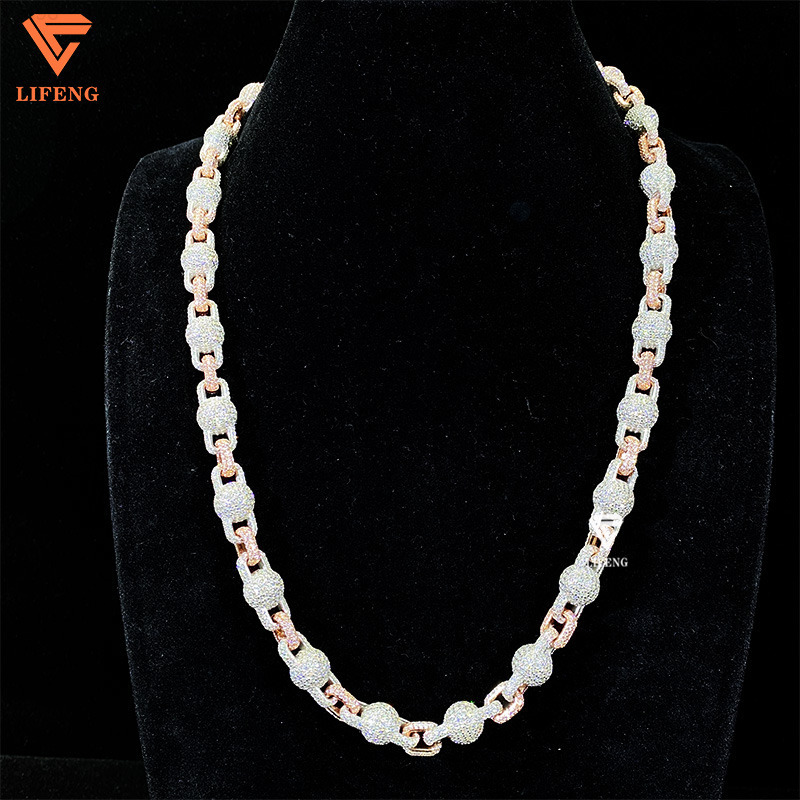 Luxury TwoTone 10mm Bead Ball Chain Rapper Necklace Rose Gold Mens Hip Hop Jewelry 925 Silver Iced VVS Moissanite Diamond Gift