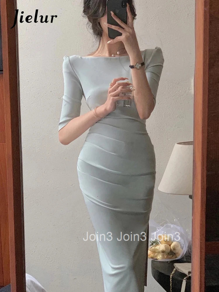 Jielur Korean Style Simple Dress for Women Elegant Midi Bodycon Dress Office Ladies Solid Clothing Femme Fashion Summer Vestidos