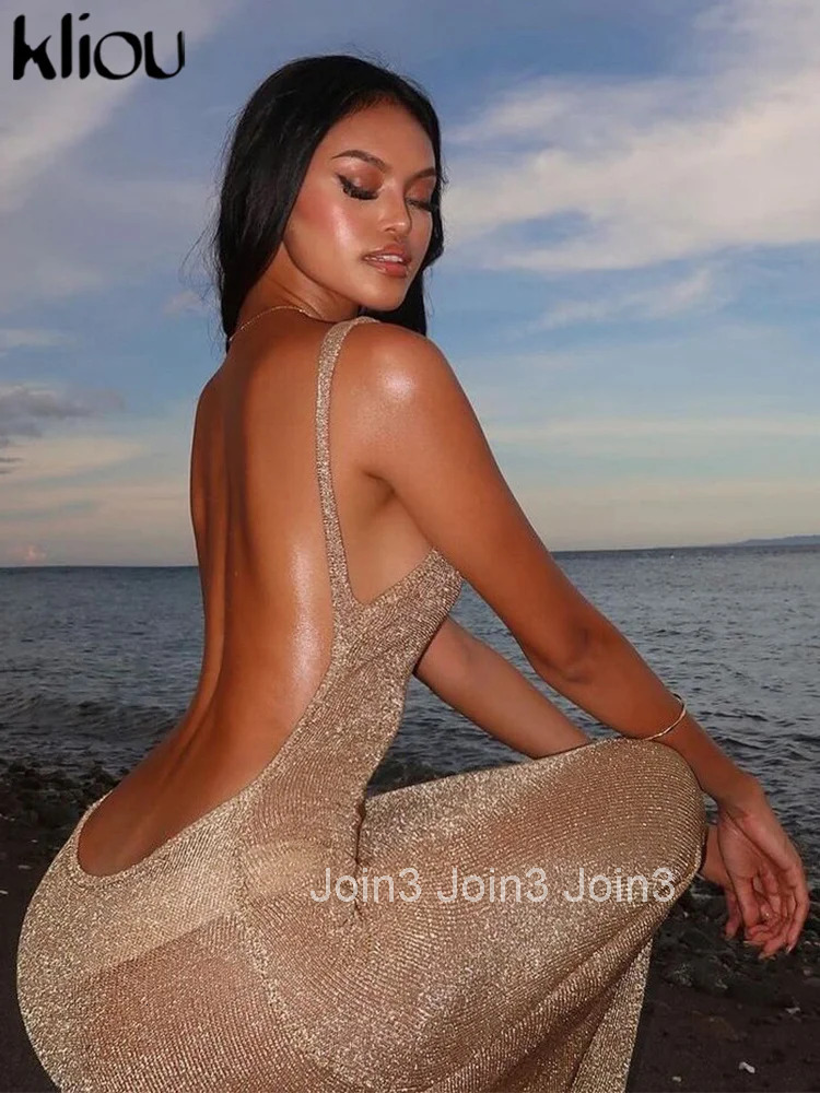 kliou Shiny Long Dress Stunning Women Solid Summer Thin Mesh Sheer Backless Sleeveless Bodycon Female Elegant Fashion Vestidos