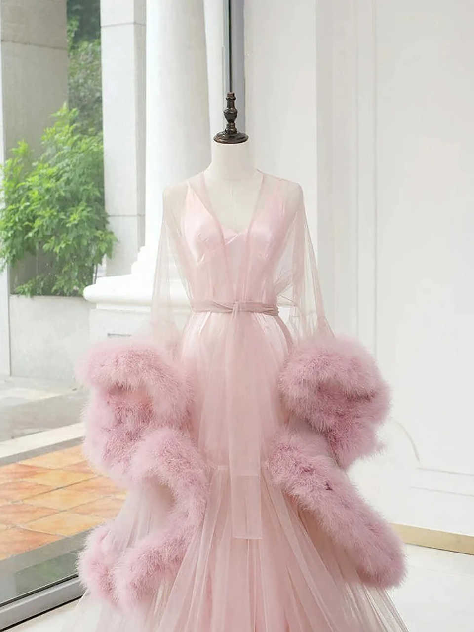 Elegant Lace-up Mesh Nightdress With Fluffy Sleeves Wedding Night Bath Dress Bride Robe Nightgown Customized