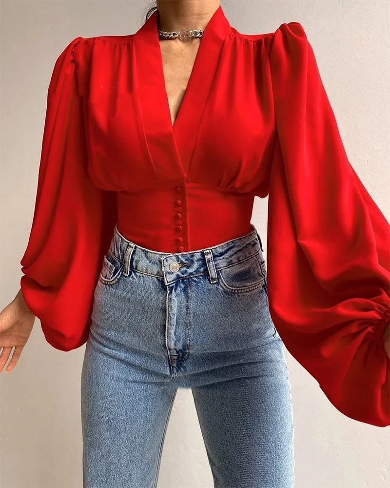 Spring Satin Womens Blouse Red Long Lantern Sleeve Button V-neck Elegant Female Shirt Spring Fashion Vintage Ladies Top 250806
