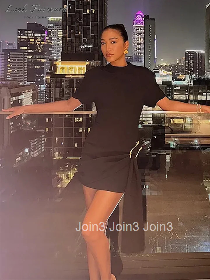 Elegant Mini Dress Woman Ribbons Slim O-neck Short Sleeve Above Knee Dresses Female Spring Summer Party Robe Lady High Street