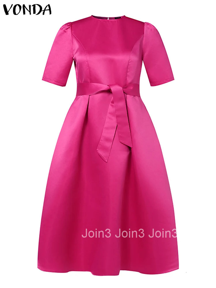 VONDA Elegant Women Satin Short Sleeve Midi Dress Summer Vestidos Casual Belted Loose Solid Color Long Sundress Oversized