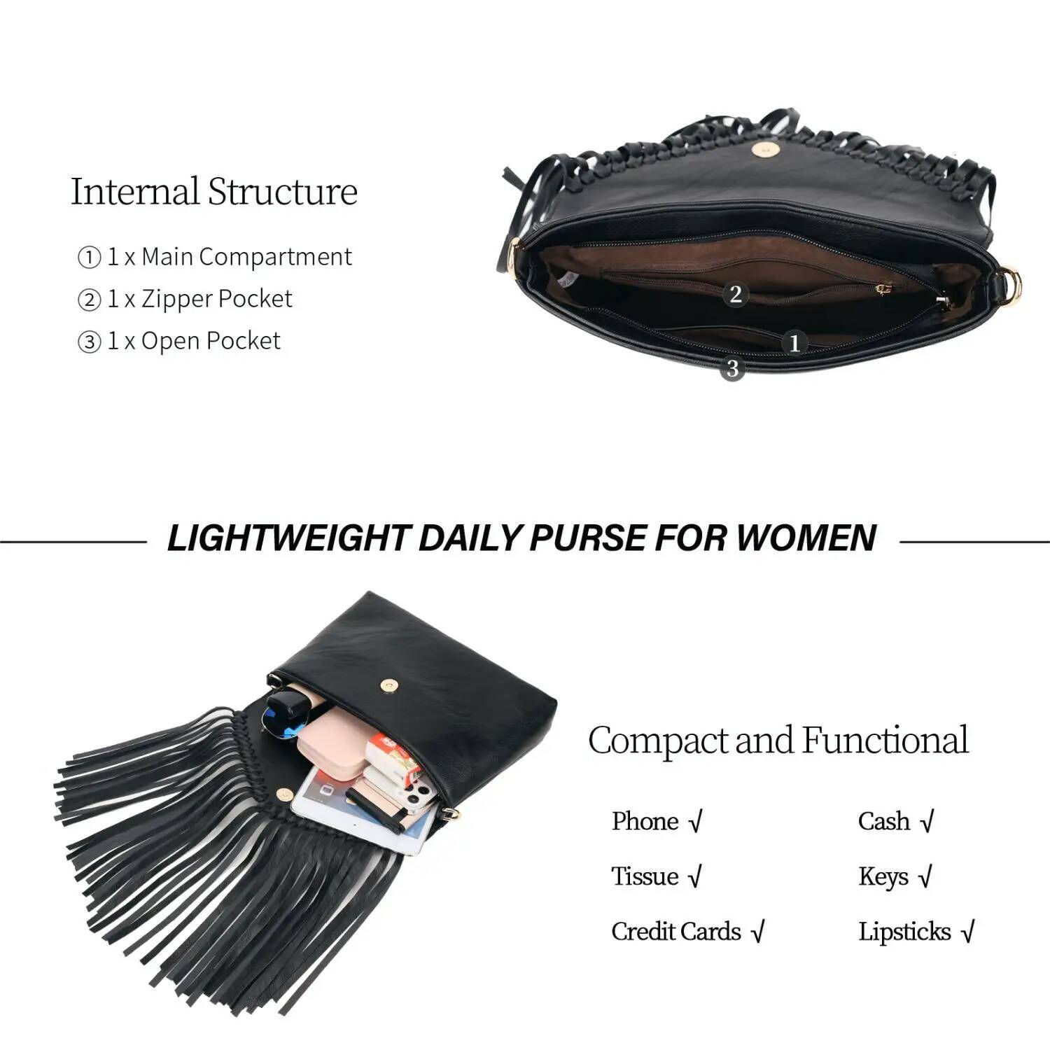 Tassel Crossbody Purse for Women PU Leather Western Hobo Fringe Handbag Shoulder Bag