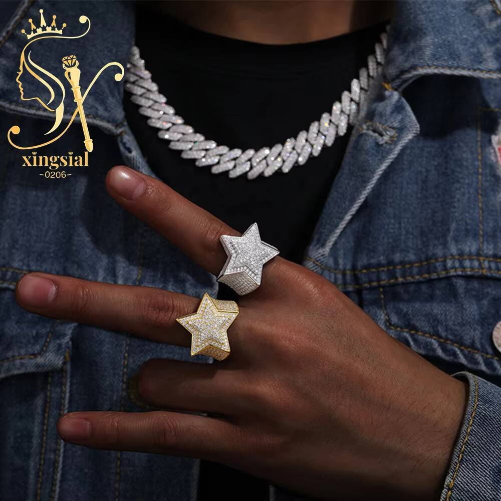 Xingsial Custom GRA Certificate Hip Hop Jewelry Star Ring 18K Gold Plated VVS Diamond Iced Out 925 Silver Moissanite Men Ring