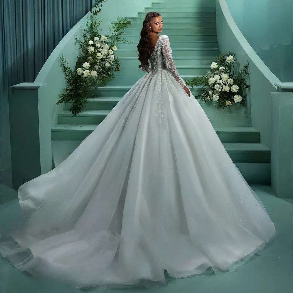 2025 Modern Classic Wedding Dresses Sweetheart Long Sleeve Appliques Lace A Line Tulle Church Bride Bridal Formal Grown Vestidos De Noiva