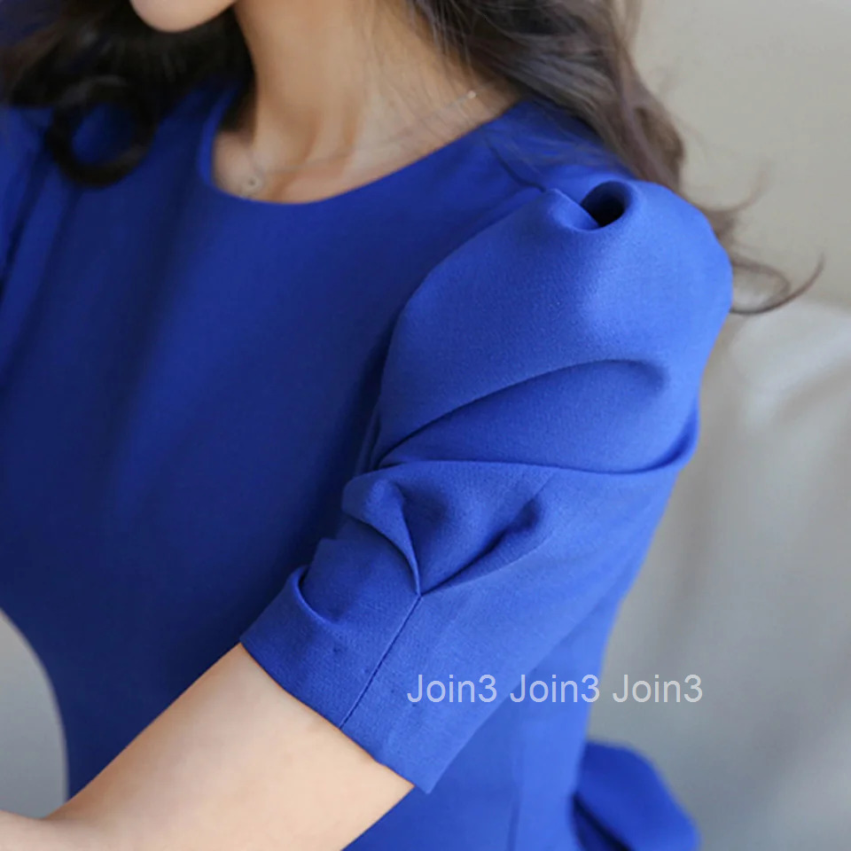 Blue Office Lady Dress Spring High Waist Pencil Fashion Simple Puff SleeveTemperament Women Elegant Party Dress Women