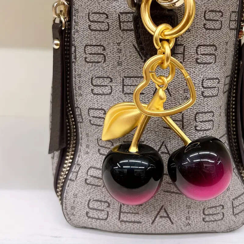 DHessentials Stylish Cherry Keychain - Fashion Resin Car Key Holder with Metal Hook, Cute Fruit Bag Charm Accessory for Women (6x12.5cm)