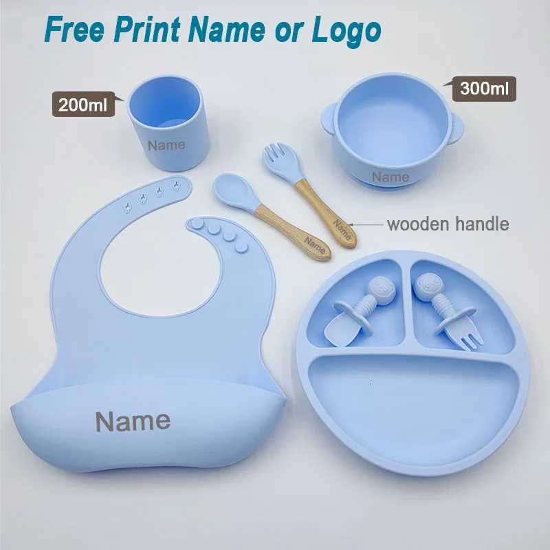 Personalized Name Baby Silicone Feeding Set Sucker Bowl Silicone Dish Plate For Baby Cup Bibs Spoon Fork Tableware BPA Free X250806