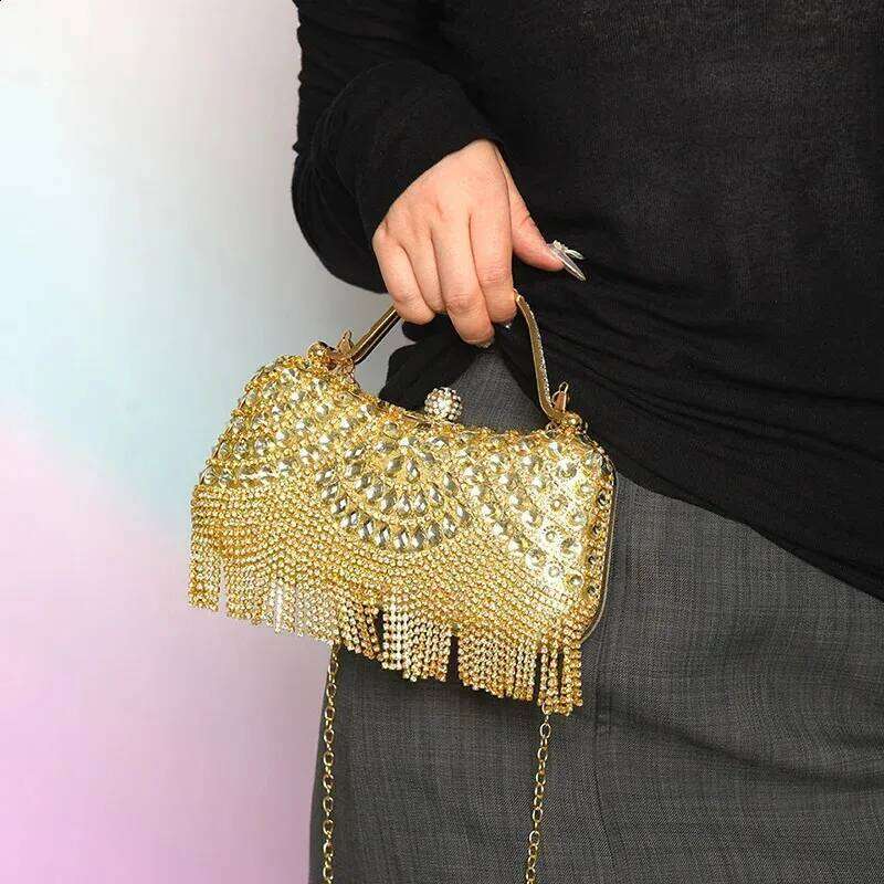 Gold Evening Clutch For Women Dia Party Purse Handbag Fashion Tassel Shoulder Crossbody Box Lipstick Bag 240823