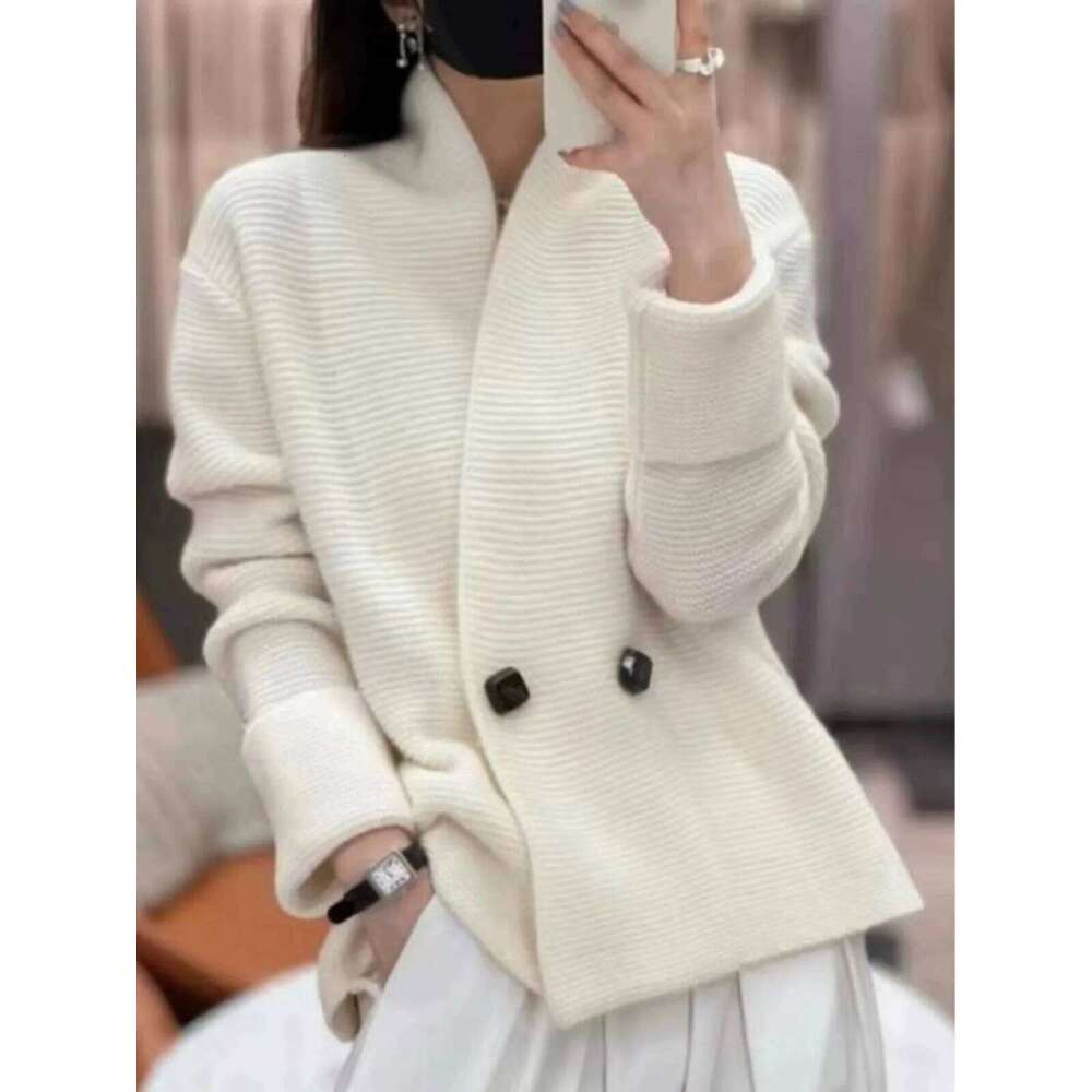 European 100% Cashmere Knitted Cardigan Female Autumn And Winter Temperament Loose Wool Sweater Coat 250806