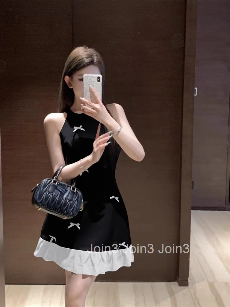 Vintage Dresses Women Bowknot Sleeveless Halter Ruffles Summer New Slim Elegant Mini Dress Party Chic Female Sweet