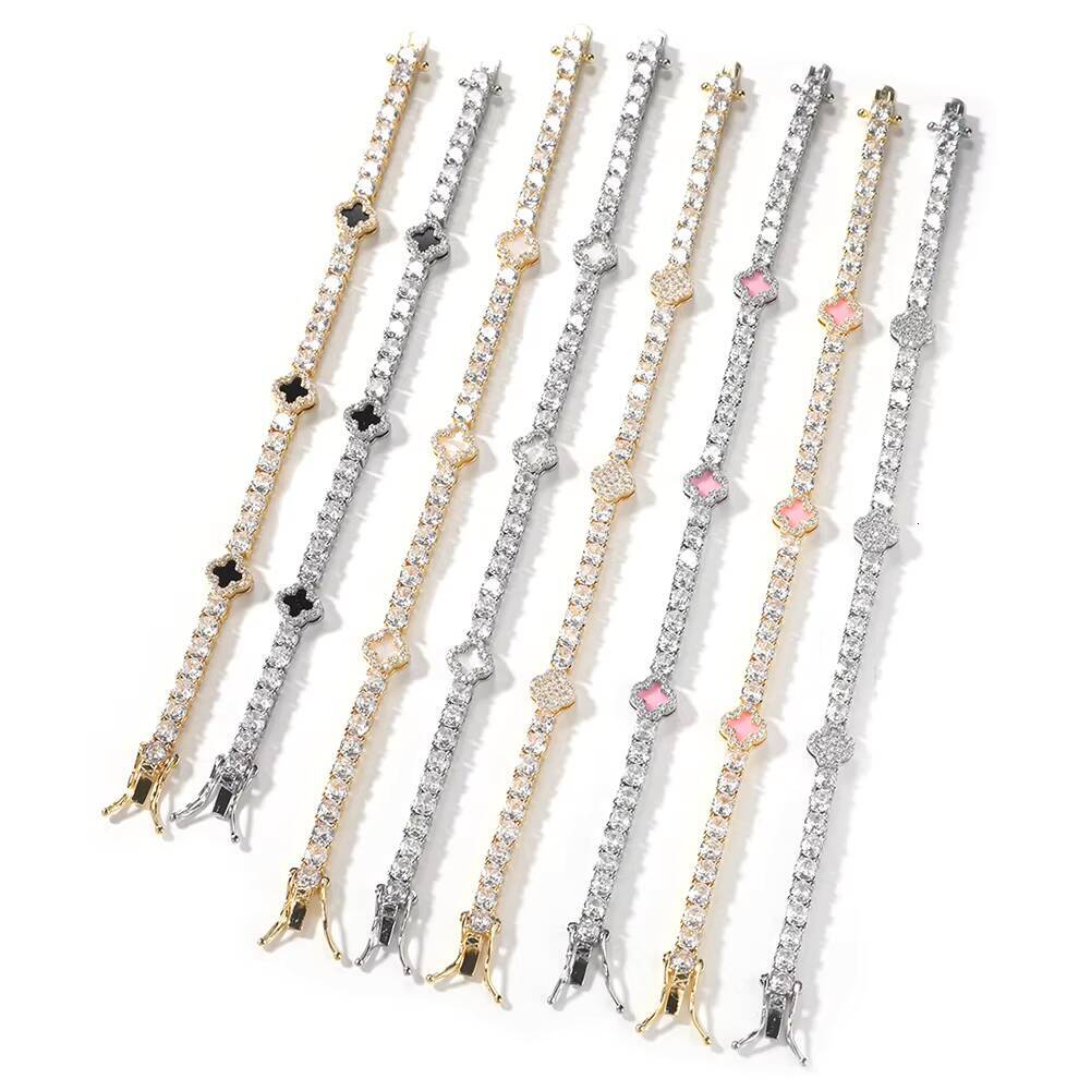 Womens Gold Plated Bling Tennis Bracelet Necklace Chain Moissanite Diamond Clover Jewelry Set Hip Hop Iced Out Black Clover Necklace