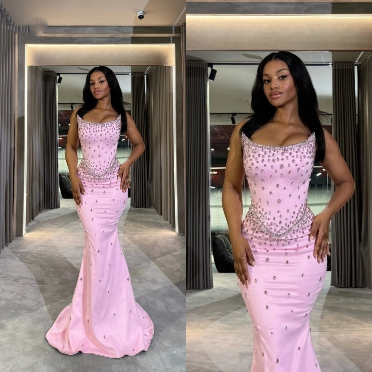 Classic Mermaid Evening Dresses For Women Strapless Sleeveless Gown Crystal Sweep Train Dress Party Customized Dress