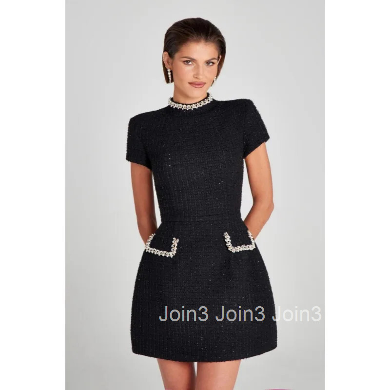 Elegant Women Beading Party Dress Y2K INS Sexy Office Lady Korean Short Sleeve O Neck High Waist Slim Fit Corset Mini Dress