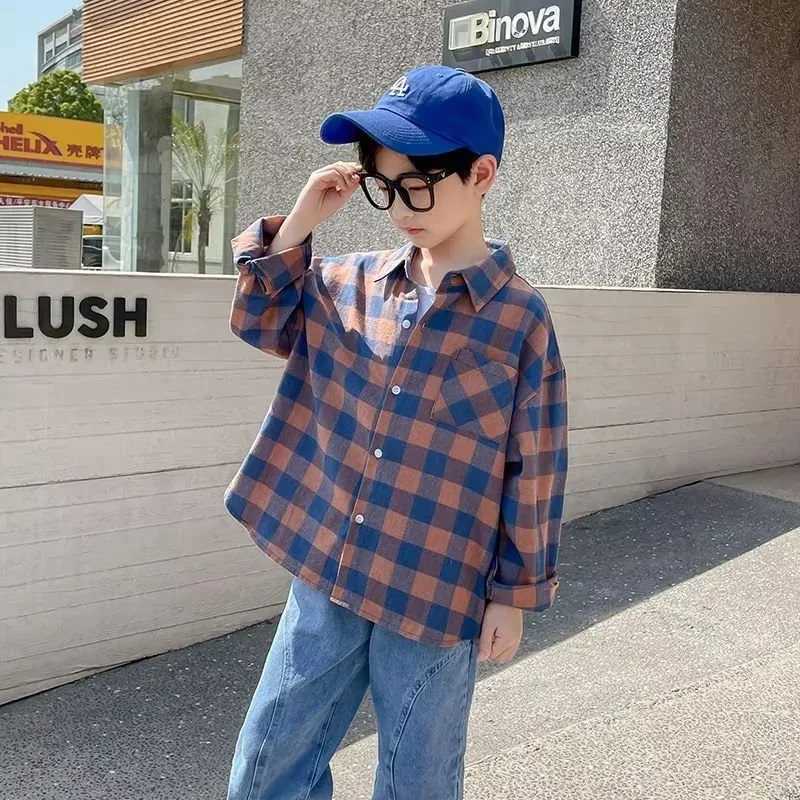 Autumn Spring Baby Boy Shirt Kids Long Sleeved Blouses Cotton Children Plaid Shirts Teenage Boys Casual Tops 4 6 8 10 12 14 Years X250806