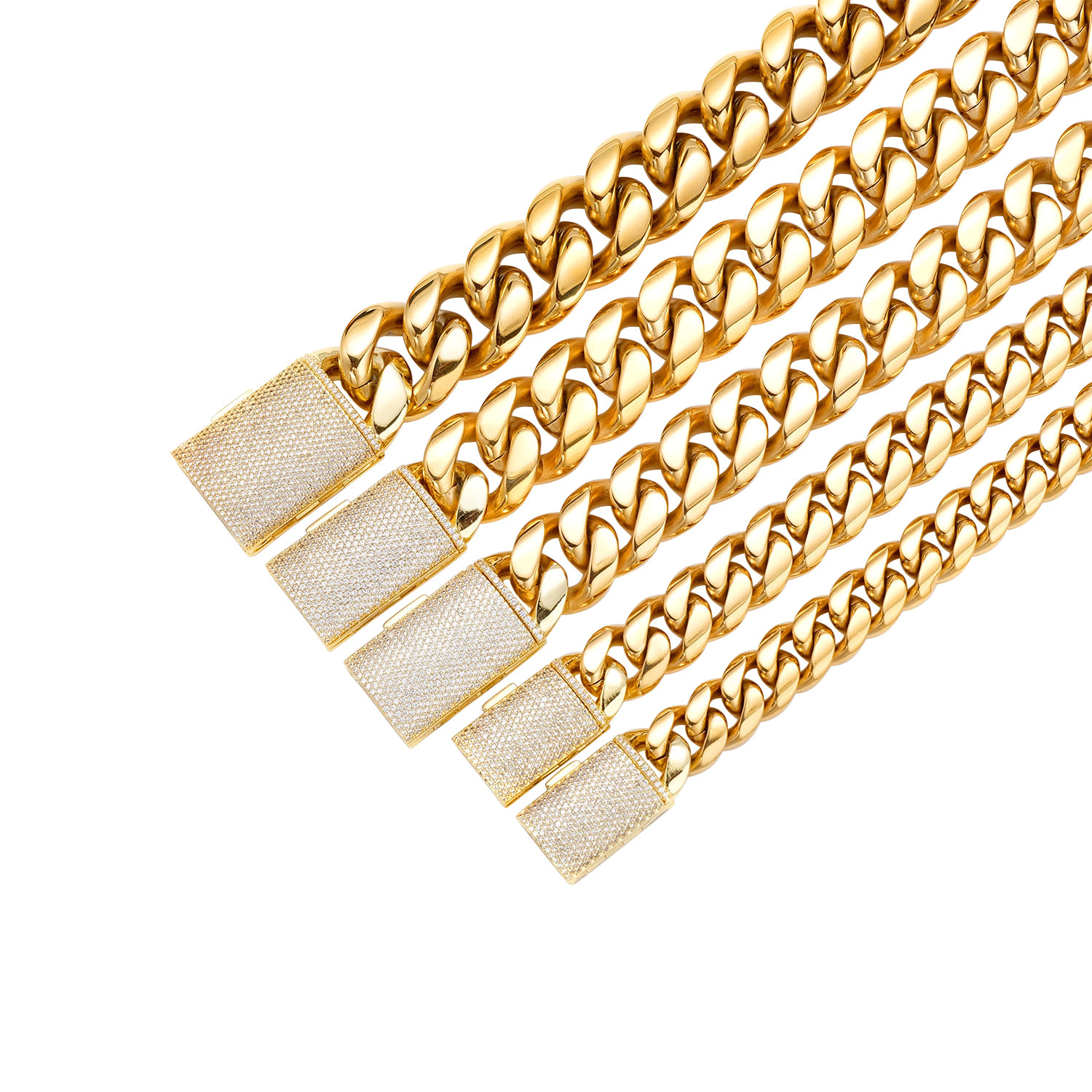 12/14/18/20/22mm Stainless Steel Hip Hop Gold Plated Cuban Chain Micro Paved Zircon Clasp Necklace Free delivery