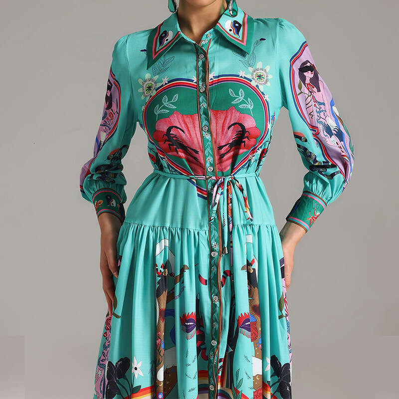 New Women's Fashion Printed Turn-Down Collar Long Sleeve Dress B5