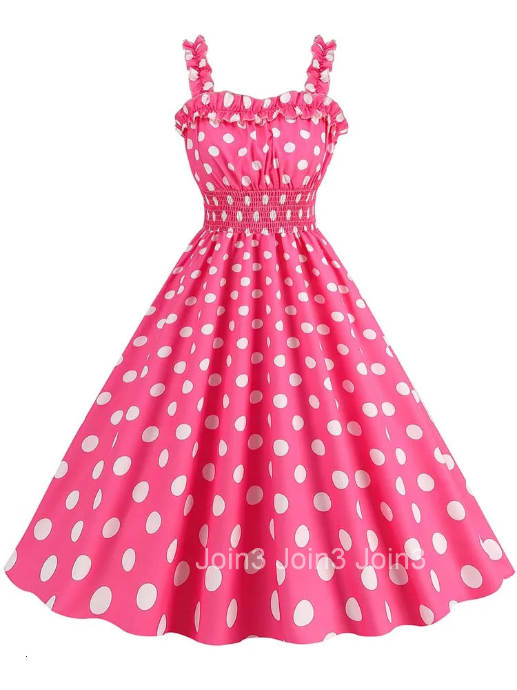 Spaghetti Strap Vintage Women Summer Dresses Casual Ruched Pink Dot Print A Line 50s Elegant Evening Party Midi Dress