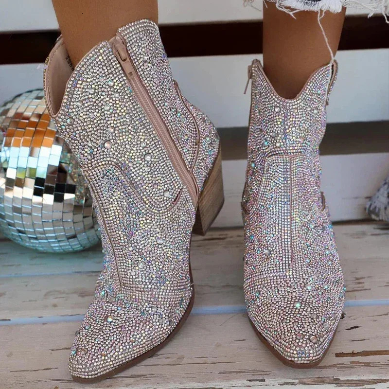 Western Cowboy Boots Fashion Women Ankle Boots Glitter Bling Shiny Trend High Heels High Quality Shoes Botas De Mujer 250731