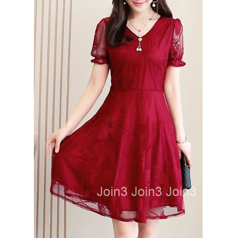 Elegant Fashion Sexy Mesh Lace V Neck Party Ladies Dresses Fashion Slim Short Sleeve Midi Dress for Women Summer Vestidos