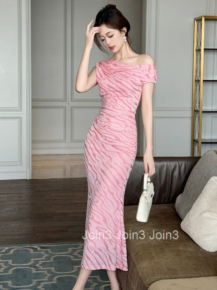 Summer Mesh Print Stretchy Mermaid Dress Women Clothes Elegant Lady Short Sleeve Skinny Midi Folds Robe Party Birthday Vestidos