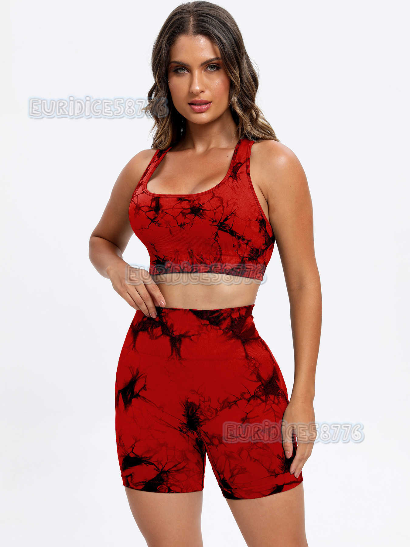 New Seamless Tie-dye Racerback Sports Bra High-waisted Peach Lift Yoga Shorts Set H250806