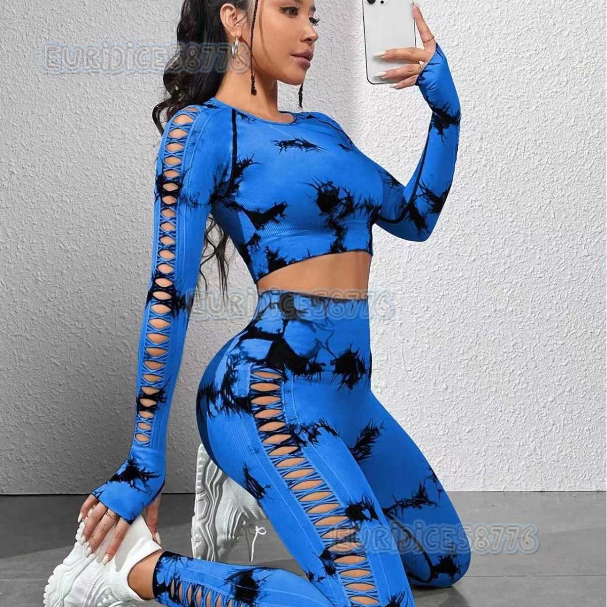 Side Hollow Out Short Sleeve Shorts Long Sleeve Long Pants Tie Dye 4-piece Set Women Outdoor Sports Fitness Yoga Outfit H250806