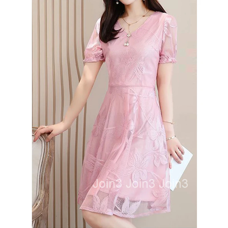 Elegant Fashion Sexy Mesh Lace V Neck Party Ladies Dresses Fashion Slim Short Sleeve Midi Dress for Women Summer Vestidos