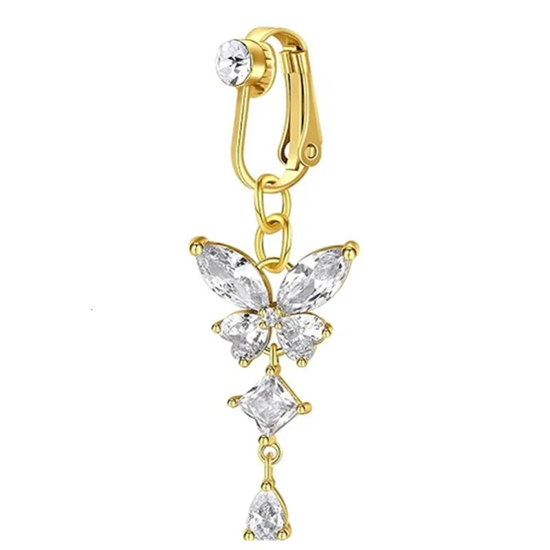 Clip On Belly Button Ring Butterfly Copper Zircon Pink Belly Piercing Umbilical Navel Body Jewelry Trendy Fashion Style 250805