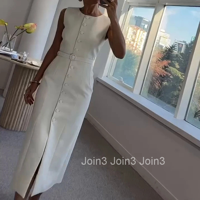 Elegant Temperament Slim Womens A-line Dress Summer Casual O Neck Button Office Dress Simple Solid Color Sleeveless Long Dress