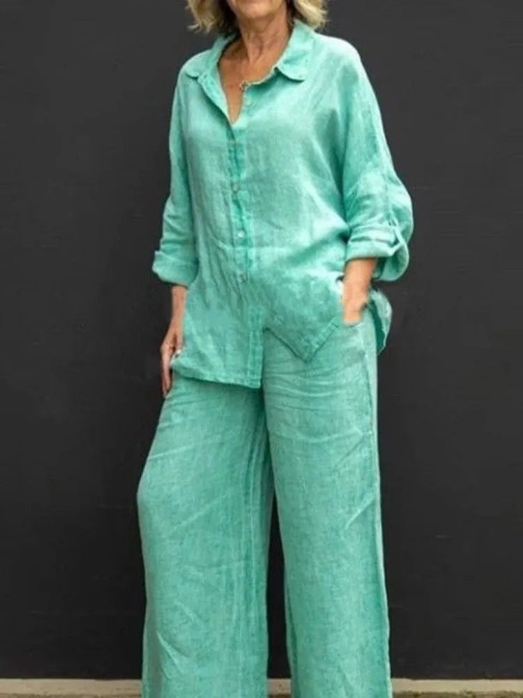 Solid Color Cotton Linen Shirt 2 Piece Set For Women Spring Autumn Long Sleeve Blouse Wide Leg Pants Suits Female Casual Outfits 250805