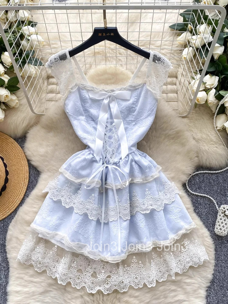 Japanese Sweet Lolita Jsk Dress Women Elegant Ruffles Lace Bandage Princess Strap Dresses Girls Y2k Kawaii Tea Party Mini Dress