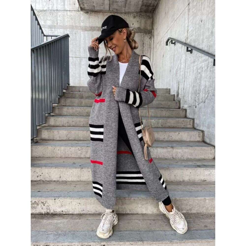 Women's long striped knit cardigan sweater