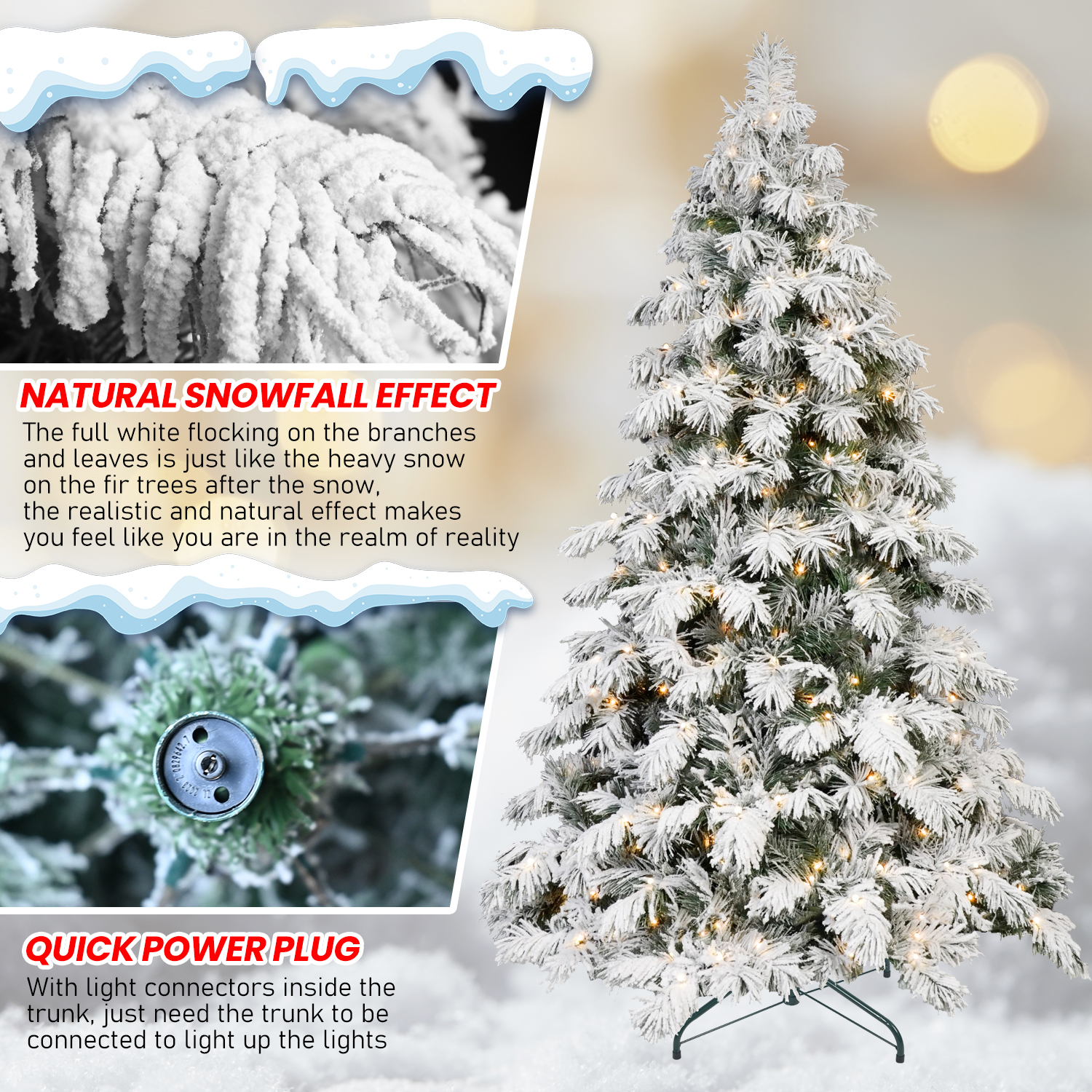 Artificial Christmas Tree with Warm White LED Lights, full white flocking PVC leaves, Quick Power Plug