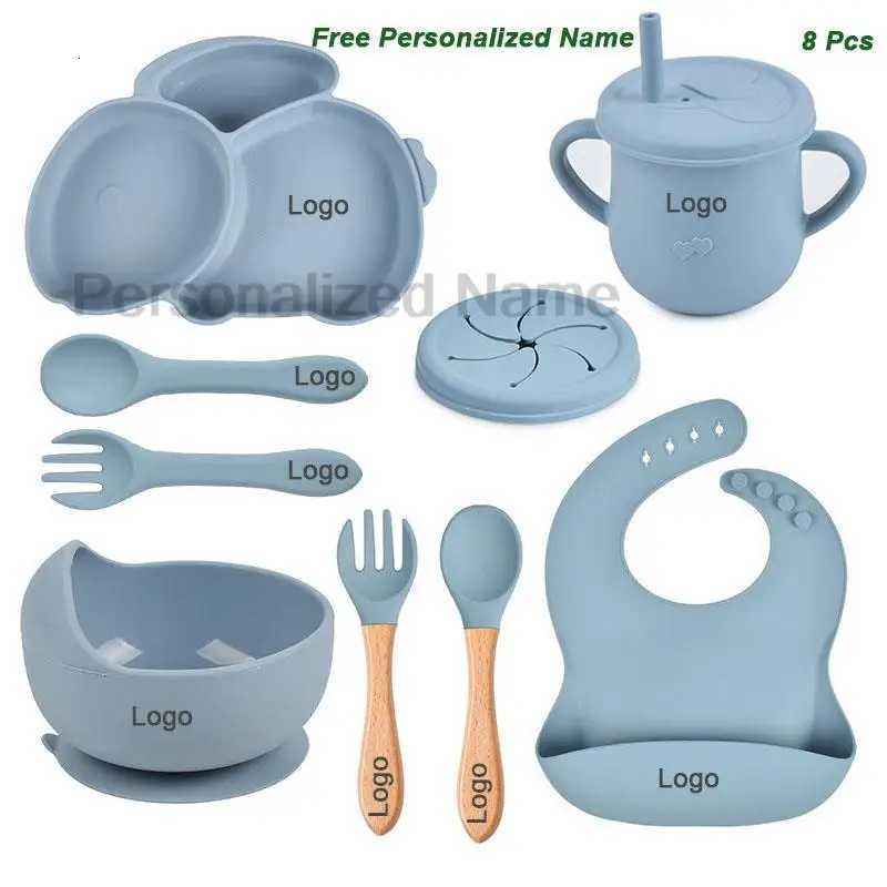 Free Personalized Name Baby Silicone Rabbit Divided Plate Set Baby Feeding Dishes BPA Free Bowl Plate Bibs Spoon Fork Sippy Cup X250806