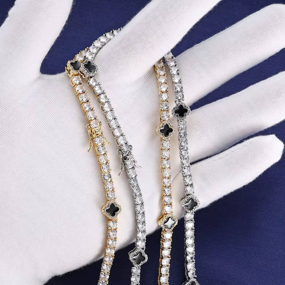 Fashionable Gold Plated Tennis Chain Necklace Hip Hop Style Moissanite Diamond Black Clover Charm Unisex Jewelry Gift