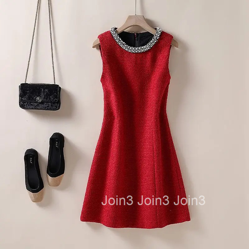 Women French Style Stylish Beaded Luxury Chic Zipper Tweed Dress Vintage Elegant Sleeveless Slim Fit Party Midi Dresses Vestidos