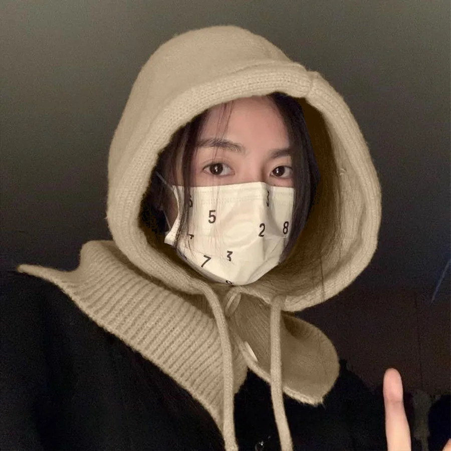 Winter Fashion Knitted Hooded Hat Women Grey Neck Cover Balaclava Beanies Korean Trend Y2k Wool Pullover Hat 250806