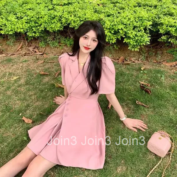 Elegant Asymmetrical Suit Dress Womens Summer Hot Sale Of The Season Waist-Cinching Slimming Pleated Bubble-Sleeve Short Dress