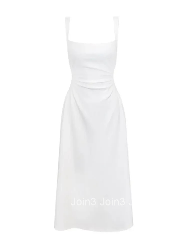 Elegant French Style High-End FeelSimple Square Collar White Tank Dress Medium-Length Ruched Waist-Fitted Vest Dress For Summer