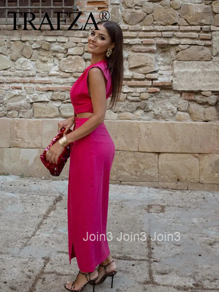 Women Waist Opening Design Dress Solid O Neck Sleeveless Split Dresses Slim Woman Elegant Evening Dress Vestidos Mujer