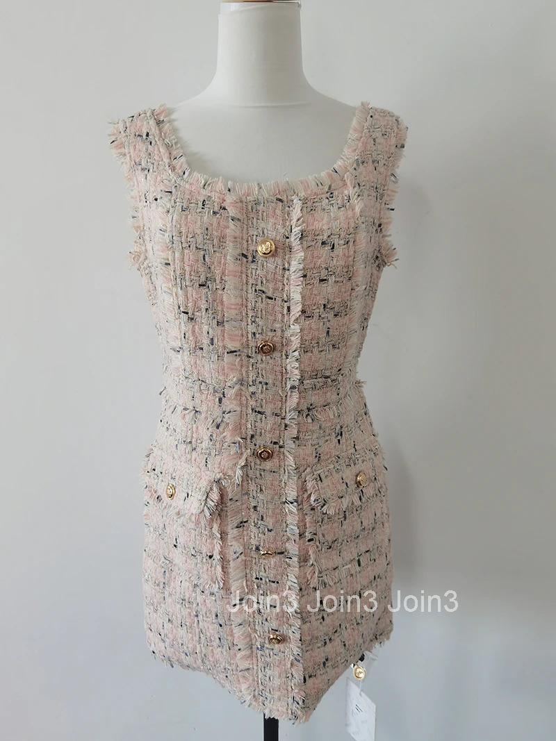 Elegant Sleeveless Tweed Dress for Womens Spring and Summer Pure Sexy Weave Sleeveless Slim Fit Short Dress Female Clothes